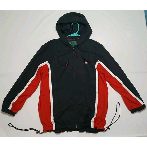 Vintage Lauren Ralph Lauren Hooded‎ Black Red Windbreaker Jacket Men's Medium - Picture 1 of 11
